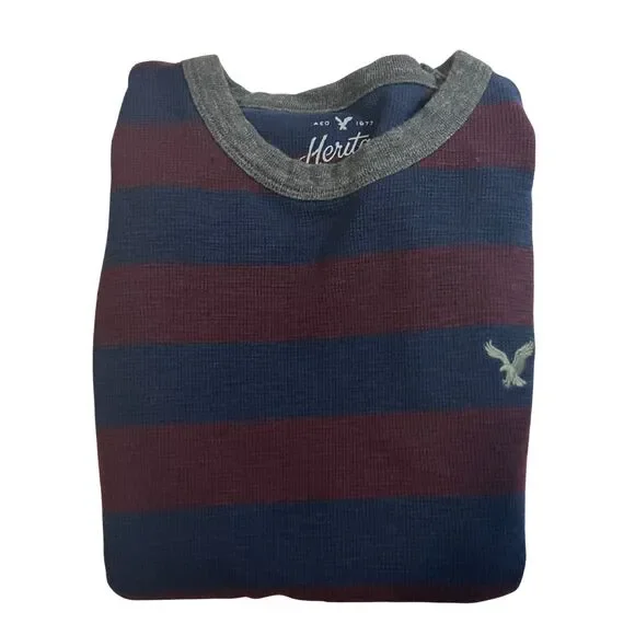 American Eagle Heritage Thermal Knit Long Sleeve XS Burgundy Navy Stripes - Picture 5 of 8